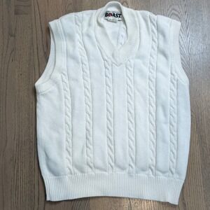 BOAST Mens Cable Knit V Neck Sweater Vest Cream Cotton Size M